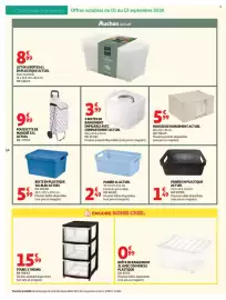 Catalogue Auchan page 14: 3 BOITES DE RANGEMENT EMPILABLE AVEC COMPARTIMENT ACTUEL €3,99, POUSSETTE DE MARCHÉ €9,99