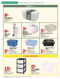 Catalogue Auchan page 14: 3 BOITES DE RANGEMENT EMPILABLE AVEC COMPARTIMENT ACTUEL €3,99, POUSSETTE DE MARCHÉ €9,99