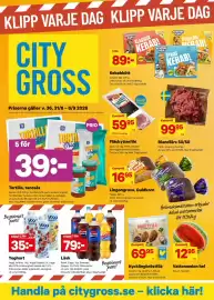 City Gross reklamblad vecka 36 Sida 1: Pepsi Läsk €79,00, Garant tortilla, tacosås €39,00