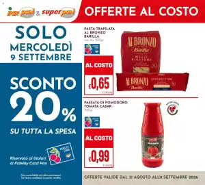 Volantino Pan Pagina 1: Pasta trafileta al bronzo Barilla €0,65, Passata di pomodoro Casar €0,99