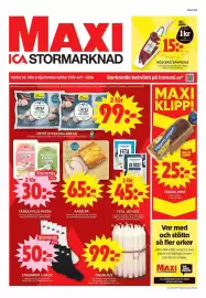 ICA Maxi reklamblad vecka 36 Sida 1: Ica kronljus €99,00, Kött från Sverige €65,00