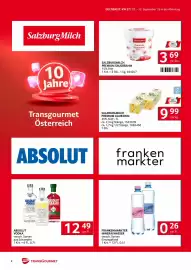 Transgourmet Flugblatt woche 37 Seite 8: Absolut Vodka €12,49, Frankenmarkter Mineralwasser €0,26