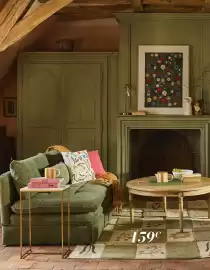 Catalogue Maisons du Monde page 14: Table basse cigale €399,00, Canapé convertible clio €599,00