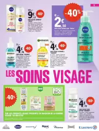 Catalogue E.Leclerc page 5: NIVEA Soin Visage Luminous €9,13, GARNIER Lotion exfoliante €4,79