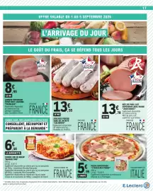Catalogue E.Leclerc page 17: L'ITALIE DES PIZZAS PIZZA CAPRICCIOsa €5,95, Cochonou Saucisse Perche €13,95