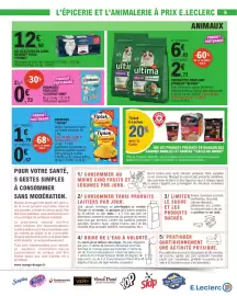 Catalogue E.Leclerc page 9: Catisfactions Friandises pour chat €0,73, Ultima Croquettes pour chat stérilisé €9,56