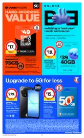 Coles catalogue week 36 Page 46: Boost $49 SIM Pack €17,00, Belong $39 Mobile SIM €19,00