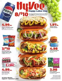 Hy-Vee weekly ad week 36 Page 1: Frito-Lay snacks €10,00, Dole chopped or premium salad kit €3,98