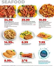 Hy-Vee weekly ad Page 21: Marinated tilapia fillets €8,99, Gourmet stuffed salmon portion €7,99