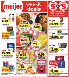 Meijer weekly ad week 36 Page 1: Kraft shredded or chunk cheese €1,99, Coca-Cola, Pepsi, 7UP or Dr Pepper Products €9,99