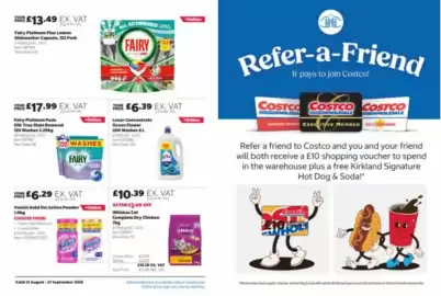 Costco leaflet Page 13: Fairy platinum pods silk tree stain removal €17,99, Lenor concentrate ocean flower €6,39