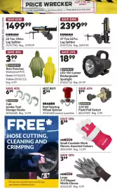 Princess Auto flyer Page 7: Powerfist rain ponchos €3,99, Firman 37 ton 227cc log splitter €2.399,99