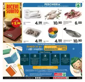 Volantino Eurospar settimana 36 Pagina 26: FILETTO DI SPIGOLA SKIN €4,99, CALAMARO DECONGELATO AL KG €10,90