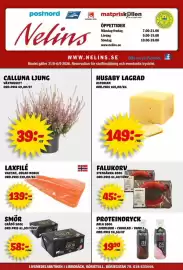 Nelins reklamblad vecka 36 Sida 1: Laxfilé €139,00, Falukorv stensåkra €45,00