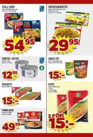 Nelins reklamblad vecka 36 Sida 13: Findus fish & crisp €54,95, Monte Castello spaghetti €15,00