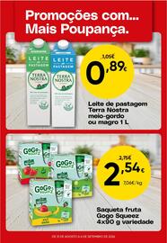 Folheto Froiz semana 36 Página 4: Saqueta fruta Gogo Squeeze €2,54, Leite de pastagem Terra Nostra meio-gordo ou magro €0,89