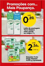 Folheto Froiz semana 36 Página 4: Saqueta fruta Gogo Squeeze €2,54, Leite de pastagem Terra Nostra meio-gordo ou magro €0,89