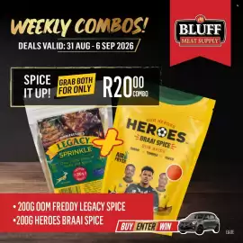 Bluff Meat Supply catalogue week 36 Page 10: Oom Freddy's Legacy Sprinkle + Heroes Braai Spice €20,00
