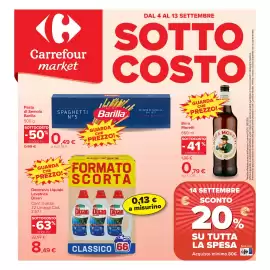 Volantino Carrefour Market Pagina 1: Birra Moretti €0,79, Spaghetti Barilla N°5 €0,49