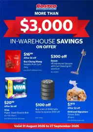 Costco catalogue Page 1: Viva Paper Towel Double Roll €20,99, Kirkland Signature Dinner Rolls €7,99