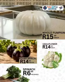 Take 'n Pay catalogue Page 19: Whole Pumpkin €15,99, Round Brinjal €14,99