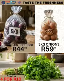 Take 'n Pay catalogue Page 21: Dhania €10,00, 5KG BEETROOT €44,99