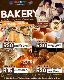 Take 'n Pay catalogue Page 9: Rolls brown & white €30,00, Cocktail buns or cocktail knot rolls €15,00