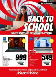 Volantino MediaWorld Pagina 1: Msi Notebook Gaming Cyborg 15 €999,00, HP Notebook 15-FD1008NLX €549,00