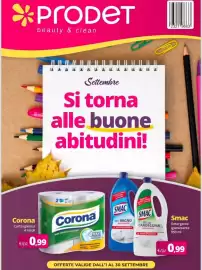 Volantino Prodet Pagina 1: Carta igienica Corona €0,99, Smac Detergente igienizzante €0,99