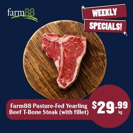 Tasman Butchers catalogue week 36 Page 6: Farm88 Pasture-Fed Yearling Beef T-Bone Steak (with fillet) €29,99