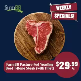 Tasman Butchers catalogue week 36 Page 6: Farm88 Pasture-Fed Yearling Beef T-Bone Steak (with fillet) €29,99