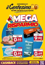 Volantino Il Centesimo Pagina 1: Prosciutto cotto Blu Bombieri €0,55, Mozzarella Valcolatte €0,89