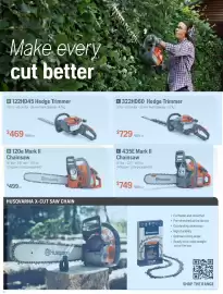 Husqvarna catalogue Page 10: Husqvarna 435E Mark II Chainsaw €749,00, 122HD45 Hedge Trimmer €469,00