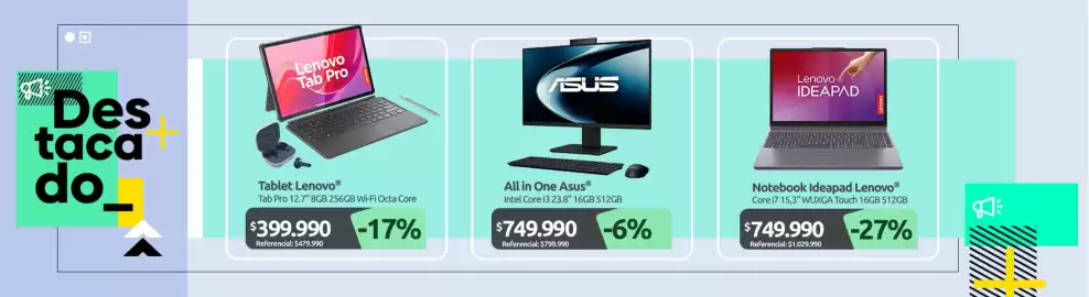 Catálogo PC Factory Página 8: Lenovo - notebook ideapad €749.990,00, Lenovo - tablet €399.990,00