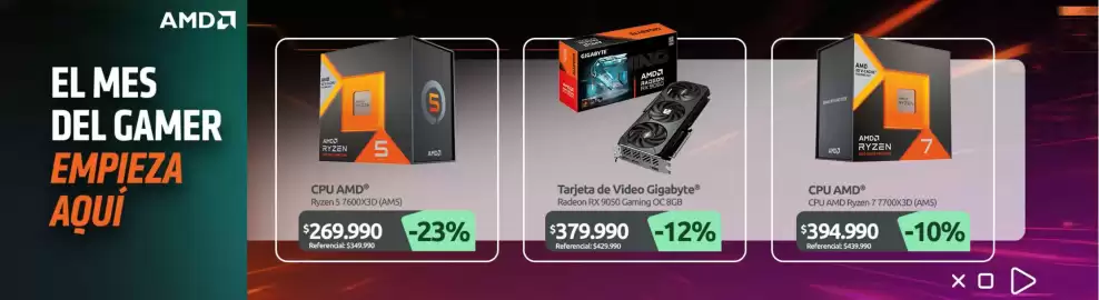 Catálogo PC Factory Página 3: Amd - tarjeta de video €379.990,00, Amd - ryzen 5 7600x3d (ams) €269.990,00
