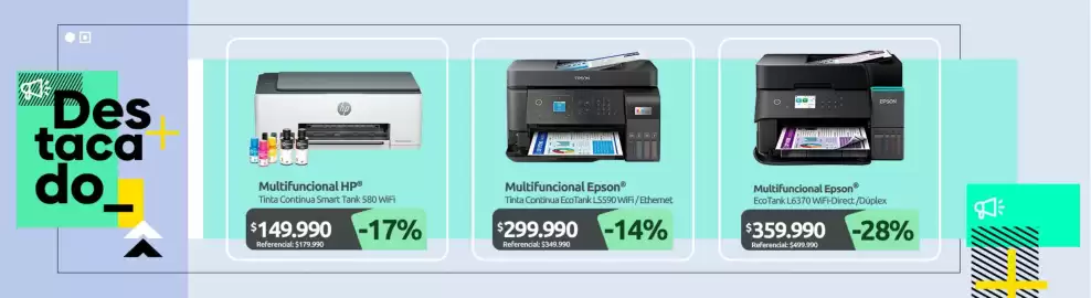 Catálogo PC Factory Página 7: Epson - ecotank l6370 wifi-direct / duplex €359.990,00, Epson - multifuncional €299.990,00