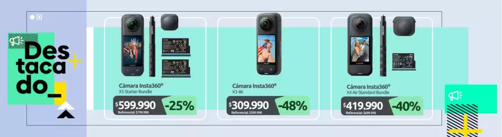 Catálogo PC Factory Página 9: Camara insta360 x4 air standard bundle €419.990,00, Camara insta360 €599.990,00