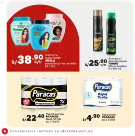 Catálogo Plaza Vea Página 6: Paracas papel toalla €4,90, Tonno shampoo / acondicionador efecto brasilerro €25,90