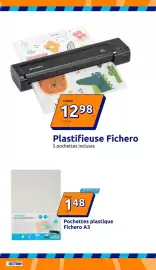 Catalogue Action semaine 36 page 13: Fichero Plastifieuse €12,98, Fichero Pochettes plastique A3 €1,48