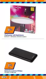 Catalogue Action semaine 36 page 14: Baltimore Plafonnier LED €9,99, Philips Batterie externe €7,95