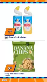 Action folder week 36 Pagina 23: Sunny Bites bananen chips €0,99, Duck Clean & Fresh toiletgel €1,58