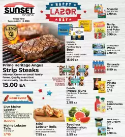 Sunset Foods weekly ad week 36 Page 1: Bubly, La Croix, and Polar €3,99, Snapple €3,99