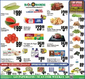 Baja Ranch weekly ad week 36 Page 1: Headless, Raw Large White Shrimp €4,99, Red or Green Seedless Grapes €1,99