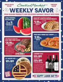 Central Market weekly ad week 36 Page 1: Large Personal Watermelons €6,00, Primed new york strip steaks €26,99