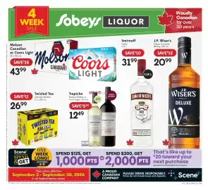Sobeys Liquor flyer Page 1: Molson Canadian or Coors Light €43,99, Twisted Tea Extreme €26,99