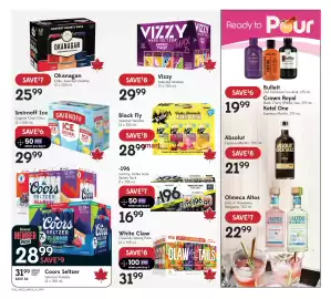 Sobeys Liquor flyer Page 8: Coors Seltzer Selected Varieties €28,99, Suntory vodka soda variety pack €16,99