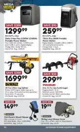Princess Auto flyer Page 96: DeWalt 28 ton 196cc log splitter €1.699,99, Prorun 8 in. 51.7cc Gas Earth Auger €299,99