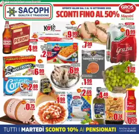 Volantino Sacoph Pagina 1: Peroni birra €4,99, Santa Lucia Mozzarella €2,69