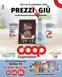 Volantino Coop Superstore Pagina 1: Pan di Stelle Mulino Bianco €2,39, Latte UHT Bontà e Linea Parmalat €1,35