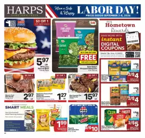 Harp's Market weekly ad week 36 Page 1: Club, Townhouse, or Cheez It Select Crackers €5,00, Bush's Select Baked Beans €4,00